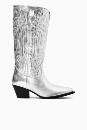 Cizme Dama COS Embroidered Piele Cowboy Argintii | KSHPL-8069