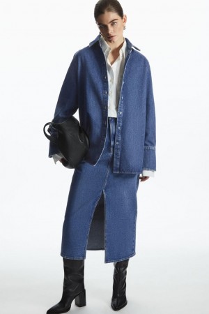 Fusta Dama COS Front-slit Denim Midi Albastri | PYSQM-8210