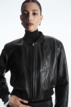 Geaca Dama COS Oversized Appliquéd Piele Bomber Negrii | QVFHE-4376