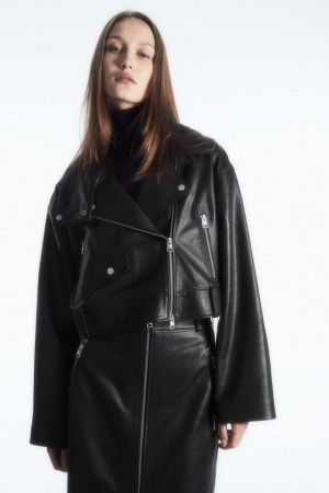 Geaca Dama COS Oversized Cropped Piele Biciclist Negrii | ANKGB-7198