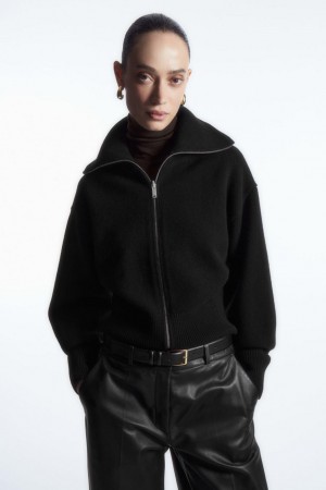 Geaca Dama COS Waisted Tricotate Lână Bomber Negrii | YNTPM-0921