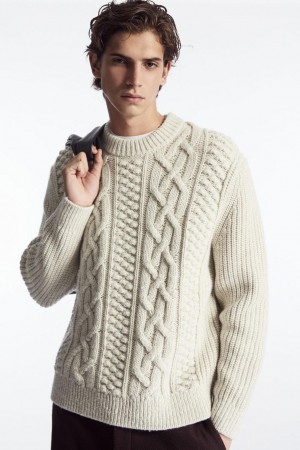 Jumpers Barbati COS Cable-knit Lână Albi | GQPRY-1269