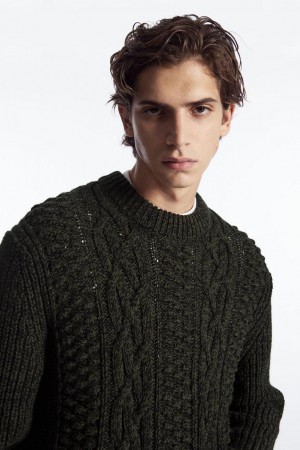 Jumpers Barbati COS Cable-knit Lână Verzi Inchis | GTSNE-3602