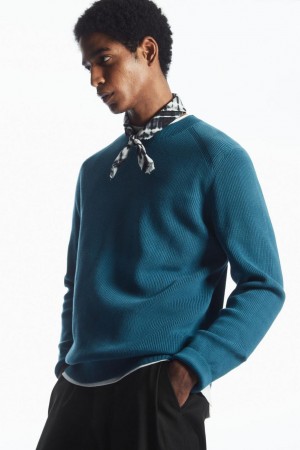 Jumpers Barbati COS Cu Nervuri-knit Turcoaz Inchis | UAZFJ-7468