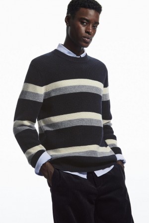 Jumpers Barbati COS In Dungi Waffle-knit Lână Bleumarin Gri | JBTLR-9825
