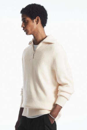 Jumpers Barbati COS Lână And Bumbac-blend Half-zip Albi | UYQLI-7345