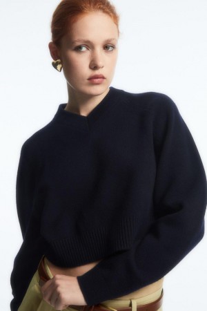 Jumpers Dama COS Cropped V-neck Lână Bleumarin | HXIQB-2501