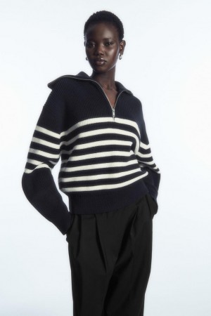 Jumpers Dama COS Lână And Bumbac Half-zip Bleumarin Albi | YERCS-6501