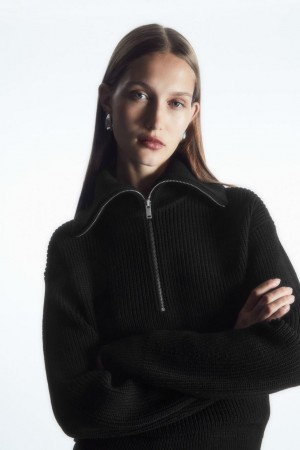 Jumpers Dama COS Lână And Bumbac Half-zip Negrii | ZGAWR-0589