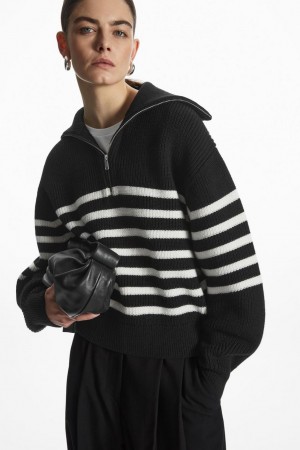 Jumpers Dama COS Lână And Bumbac Half-zip Negrii Albi | KIYMN-6087