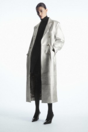 Palton Dama COS Oversized Double-breasted Piele Argintii | RPXFZ-5167