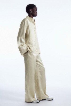 Pantaloni Dama COS Drept-leg Crinkled-satin Albi | MKZCH-3876