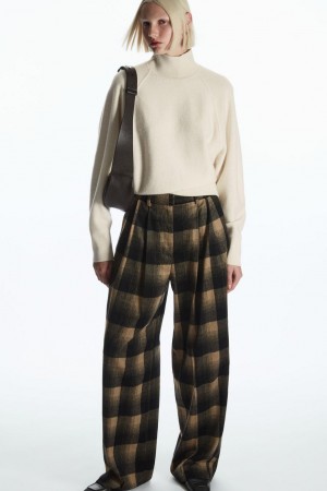Pantaloni Dama COS Largi-leg Checked Lână-blend Maro | QYXSU-4206