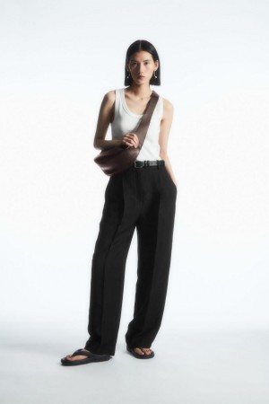 Pantaloni Dama COS Largi-leg Plisat Linen-blend Negrii | XSYFB-0134