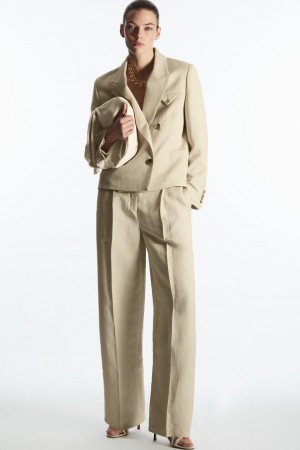 Pantaloni Dama COS Largi-leg Plisat Linen-blend Bej | YRGOU-9401