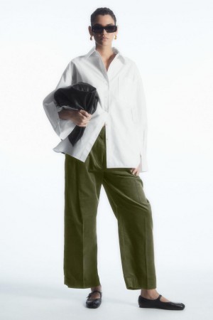 Pantaloni Dama COS Plisat Barrel-leg Corduroy Kaki Inchis | RWVHN-0768