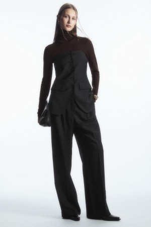 Pantaloni Dama COS Plisat Largi-leg Lână Negrii | XJWPB-5781