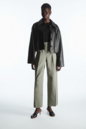 Pantaloni Dama COS Tapered Plisat Linen-blend Chinos Gri | YODTV-6083