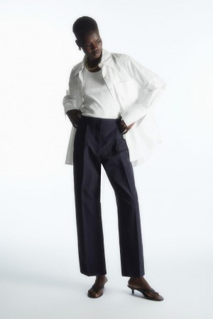 Pantaloni Dama COS Tapered Plisat Linen-blend Chinos Bleumarin | SJBPA-9803