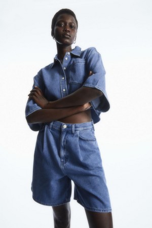 Pantaloni Scurti Dama COS Plisat A-line Denim Albastri | SDERC-0642