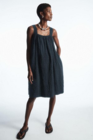 Rochie Dama COS Checked Seersucker Mini Negrii | QXJIN-4510