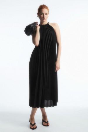 Rochie Dama COS Plisat Halterneck Midi Negrii | DFAUS-8423