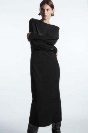 Rochie Dama COS Power-shoulder Satin-panel Midi Negrii | DOVCP-3659