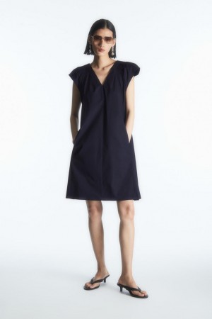 Rochie Dama COS Smocked V-neck Mini Bleumarin | ZTFDH-9718