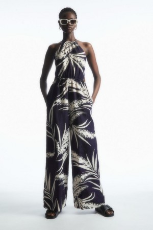 Salopeta Dama COS Open-back Floral-print Linen Bleumarin | CBLHX-1037