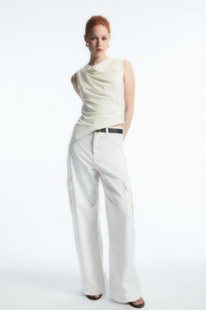 Top Dama COS Asymmetric Draped Fara Maneci Albi | PVEDR-4816