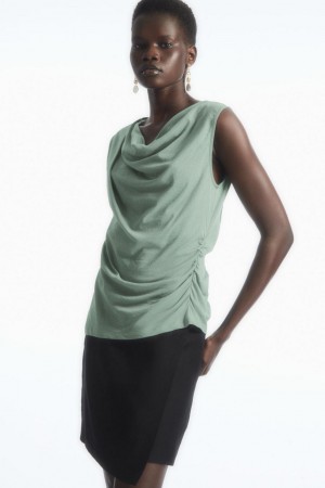 Top Dama COS Asymmetric Draped Fara Maneci Verzi Deschis | YTGWF-8234