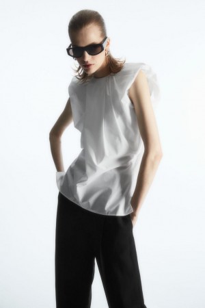 Top Dama COS Gathered Draped Fara Maneci Albi | FJWTM-8301