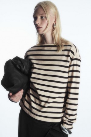 Top Dama COS In Dungi Barca-neck Long-sleeved Bleumarin Albi | RNLAK-1284