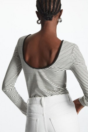 Top Dama COS Long-sleeved Scoop-neck Negrii Albi | VNUFX-2640