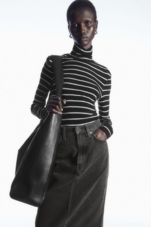 Top Dama COS Merino Lână Turtleneck Negrii Albi | YIUAK-1902