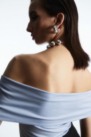 Top Dama COS Off-the-shoulder Jersey Albastri Deschis | TRQNL-6109