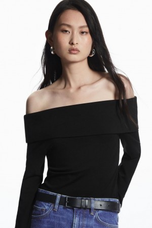 Top Dama COS Off-the-shoulder Long-sleeved Negrii | PJTYU-2389