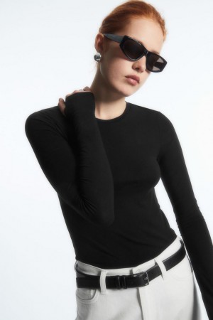 Top Dama COS Slim-fit Long-sleeve Negrii | XIASE-6724