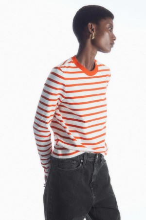 Tricou Dama COS Regular-fit Heavyweight Long-sleeved Portocalii Albi | LYWKJ-5317