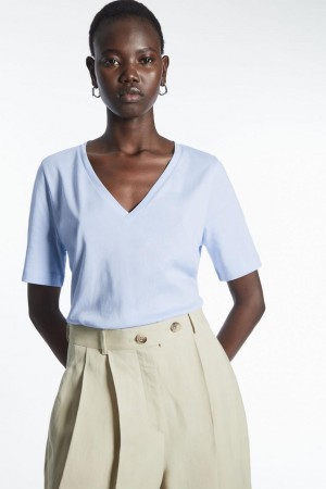 Tricou Dama COS V-neck Albastri Deschis | GDRPF-4827