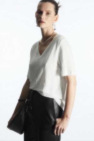 Tricou Dama COS V-neck Linen Albi | EUVOB-5647