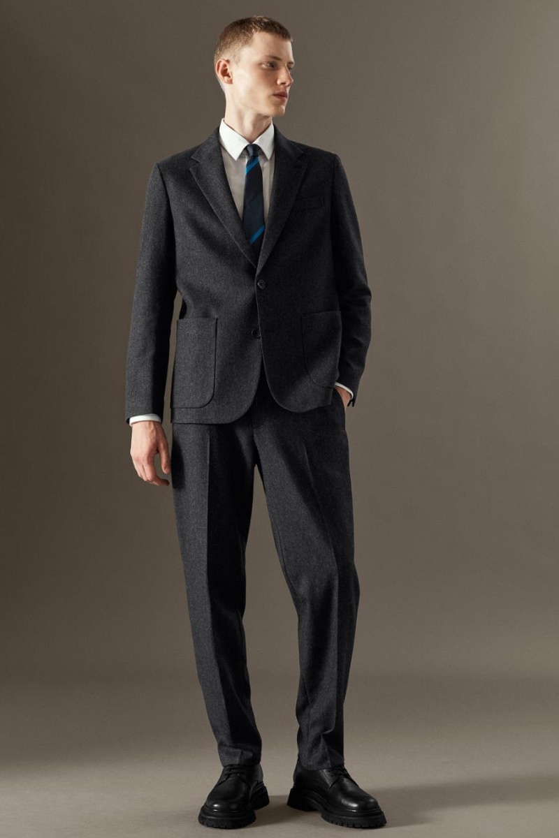 Blazer Barbati COS Herringbone Lână - Drept Gri Inchis | APDUT-7934
