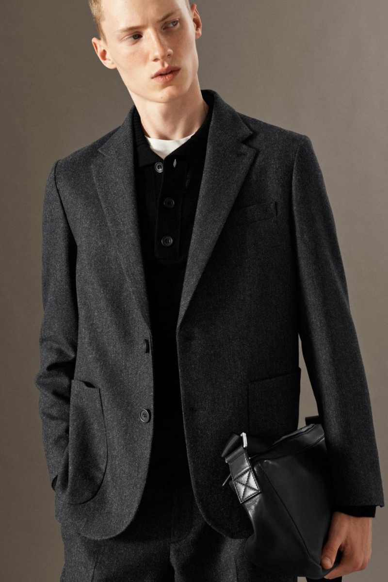 Blazer Barbati COS Herringbone Lână - Regular Gri Inchis | MLWTH-4962
