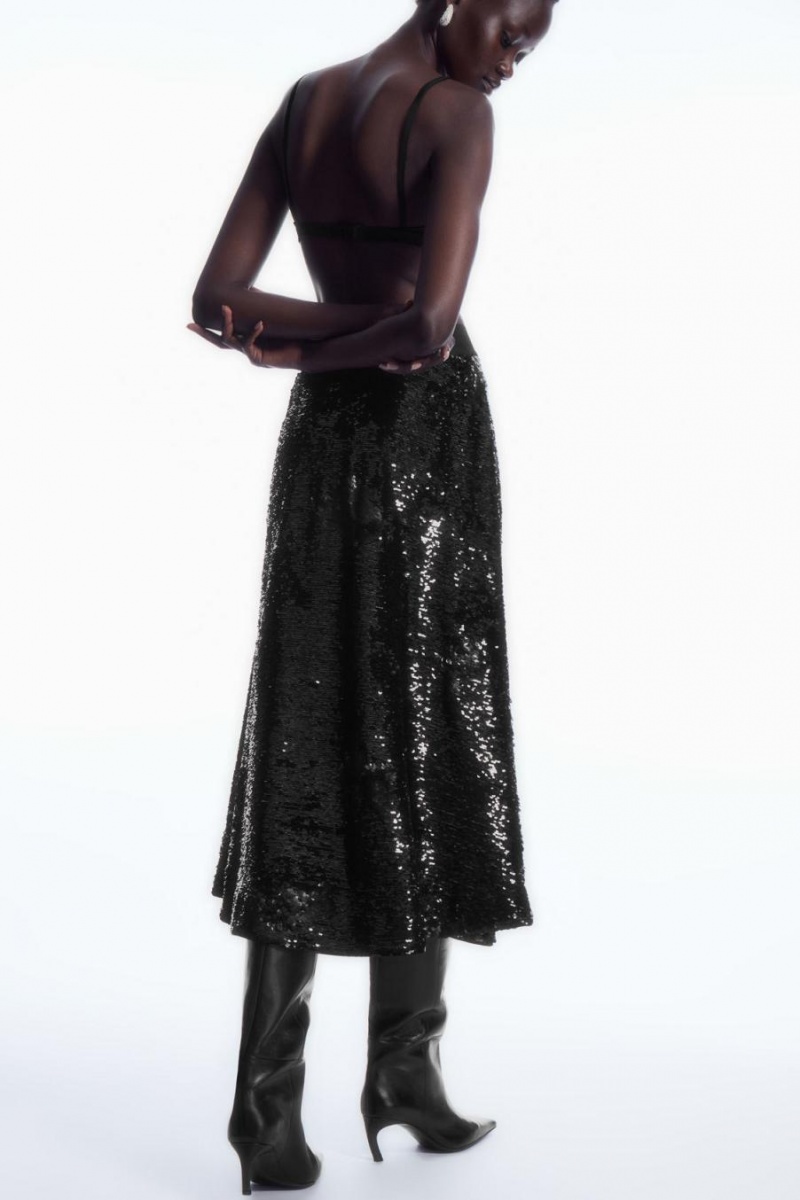 Fusta Dama COS Floral-patterned Sequinned Midi Negrii | DCASK-5267