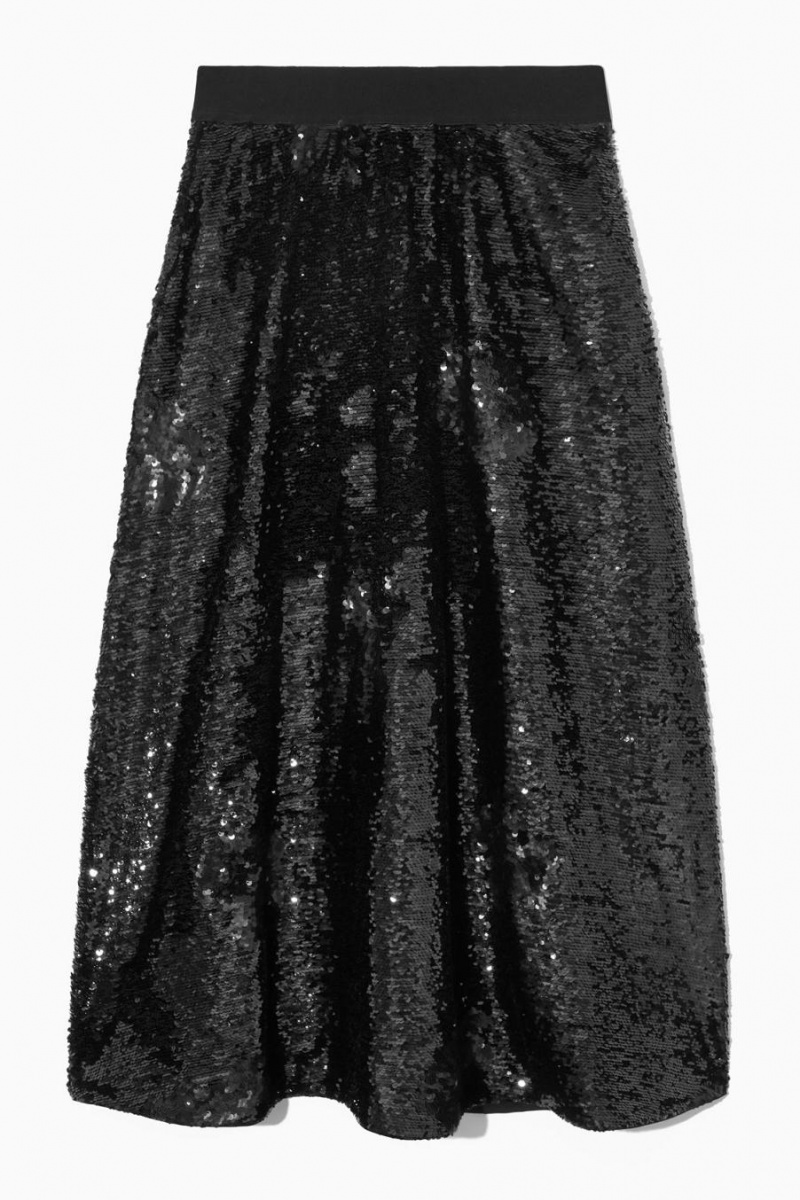 Fusta Dama COS Floral-patterned Sequinned Midi Negrii | DCASK-5267