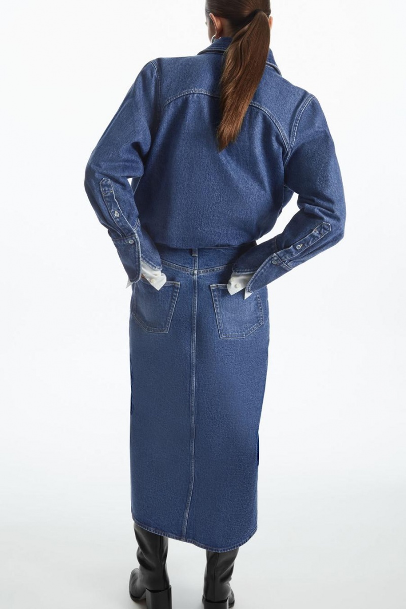 Fusta Dama COS Front-slit Denim Midi Albastri | PYSQM-8210
