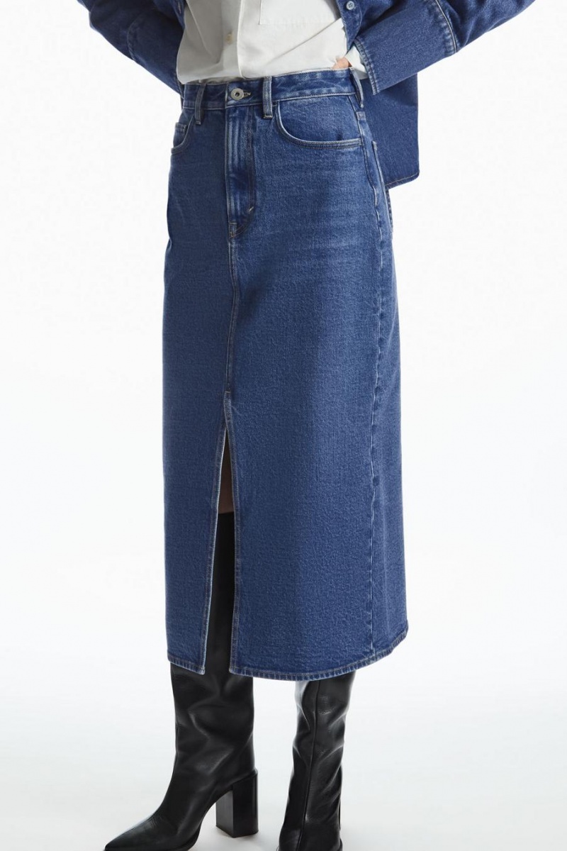 Fusta Dama COS Front-slit Denim Midi Albastri | PYSQM-8210