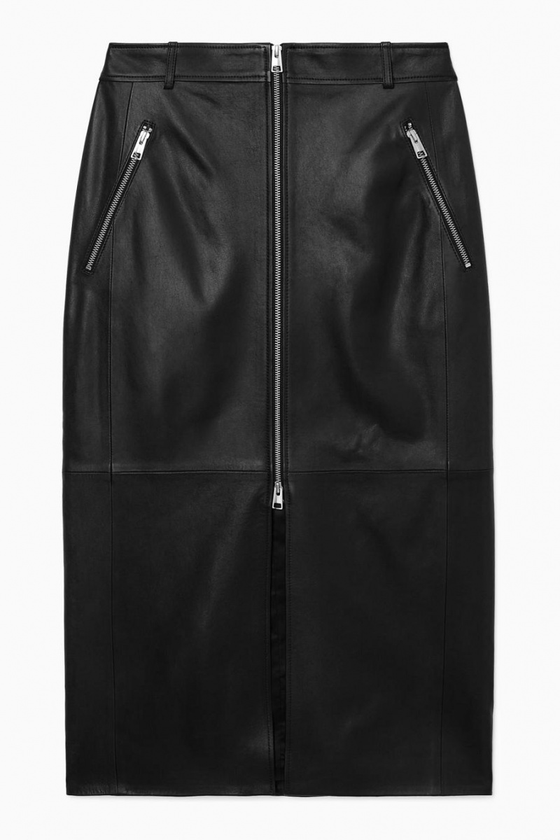 Fusta Dama COS Zip-up Piele Midi Negrii | OCTWB-9860