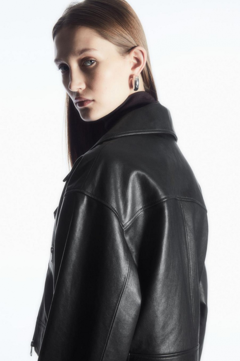 Geaca Dama COS Oversized Cropped Piele Biciclist Negrii | ANKGB-7198
