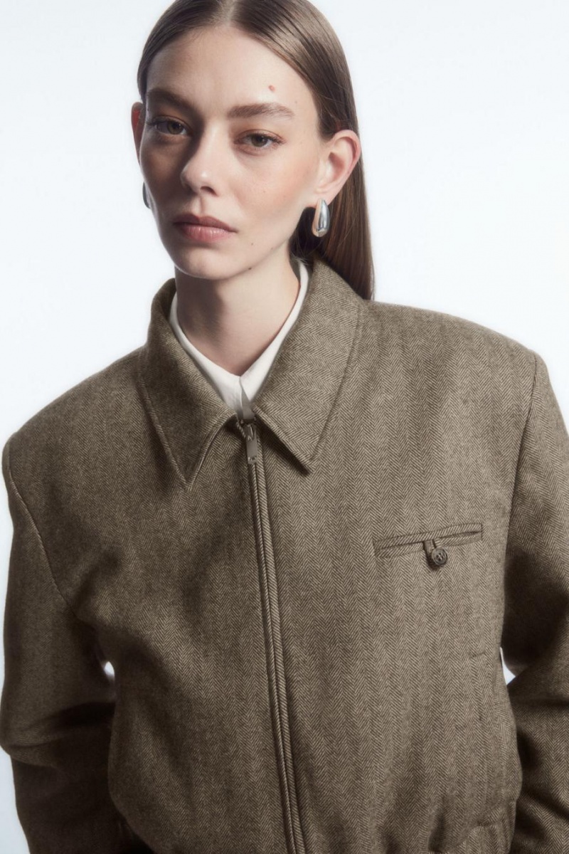 Geaca Dama COS Power-shoulder Lână-herringbone Maro Deschis | VJDSK-0673